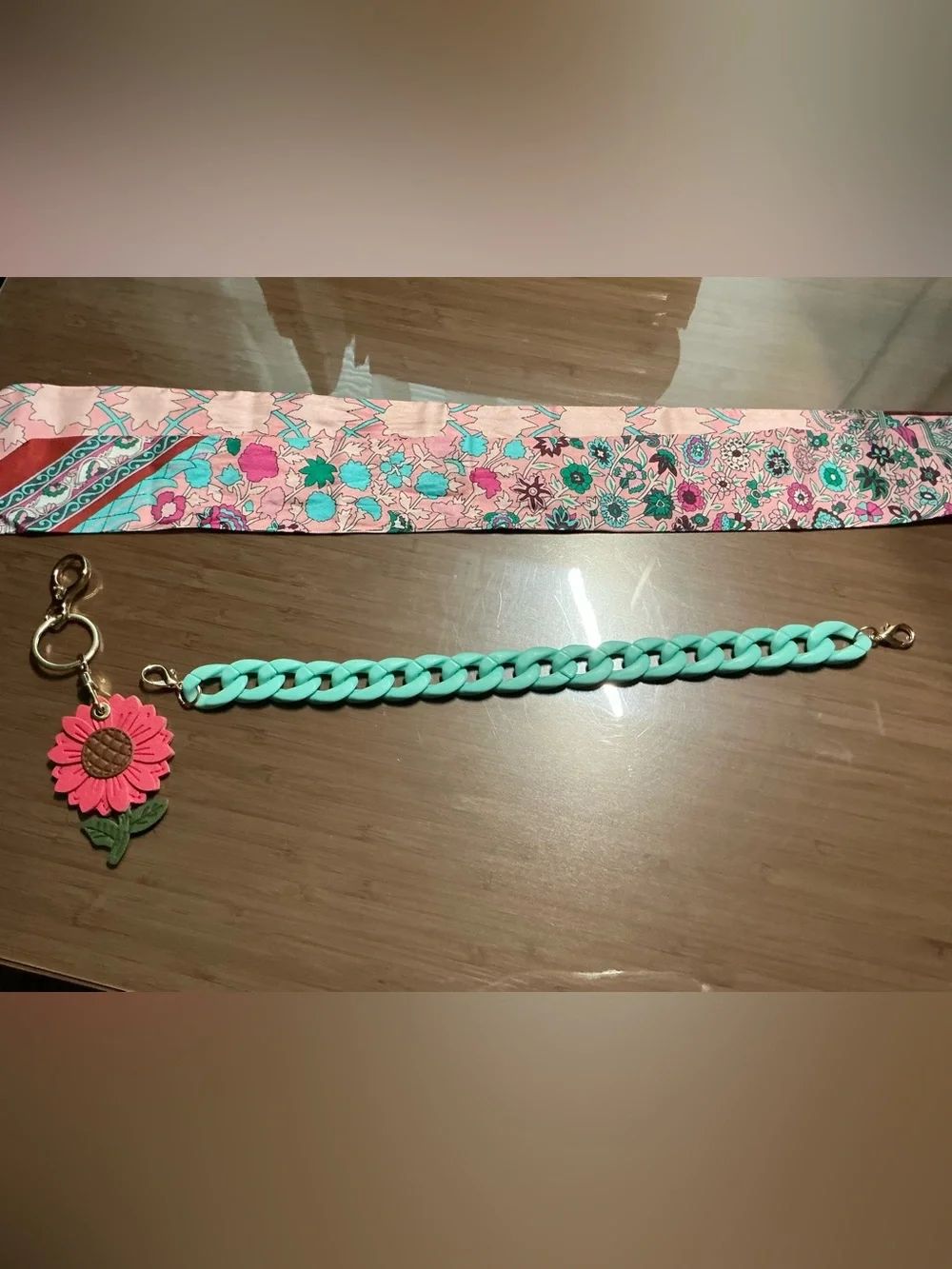 Pink and Turquoise Silk Twilly, Acrylic Bag Chain, and Leather Charm Bundle